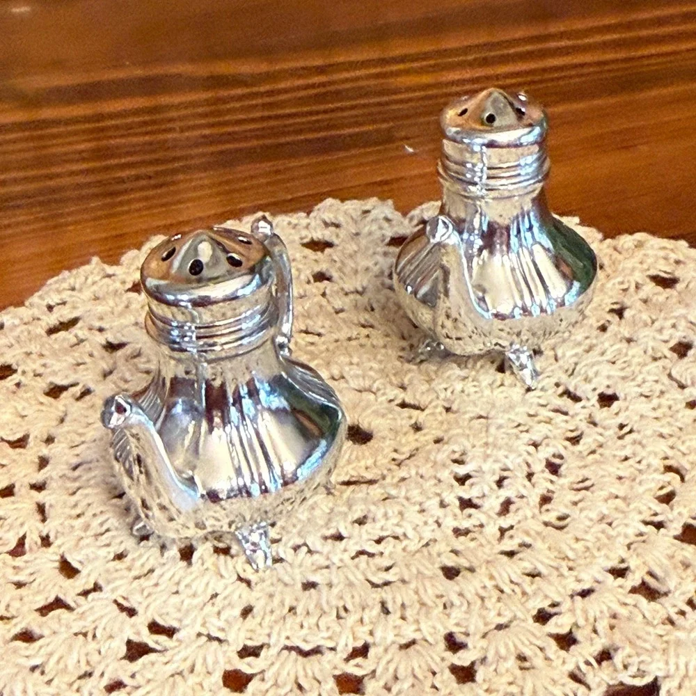 Swan Logo Teapot Salt and Pepper Shakers Silver Plated Japan Vintage Excellent